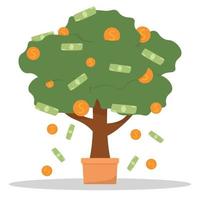 Money tree in pot with cash on branches. Plant with falling coins and banknotes. Concept of abundance, prosperity and richness. Colored flat cartoon vector illustration isolated on white