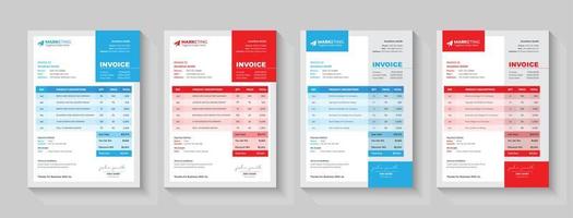 Minimal Corporate Business Invoice design for corporate office. Invoicing quotes, money bills or price invoices and payment agreement design templates. Creative invoice Template in 4 different Themes. vector