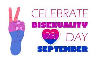 vector de concepto de día de bisexualidad. la mano está pintada en colores de orgullo bisexual. corazón con rayas rosas y se escribe 23 de septiembre. ilustración del día de la visibilidad bi