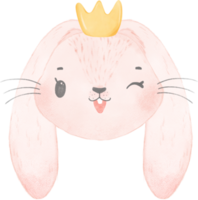 cute rabbit bunny face head wearing crown  watercolor png