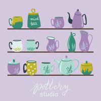 Pottery studio. Set of handmade kitchenware based on shelves. Hand drawn vector illustration for ceramic studio, cafe, shop.