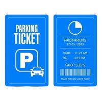 Parking ticket design template. Parking receipt or quittance for entrance and exit from parking zone in white and blue colours with parking sign, car, clock, bar code, date, time and price. vector