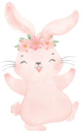 mignon bébé princesse douce lapin rose avec couronne florale aquarelle png