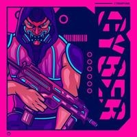 Samurai man wear gun cyberpunk art style. Colorful fiction design with dark background. Abstract vector illustration.