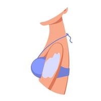 Woman in swimsuit putting spf gel. Fragment of female body with sunscreen lotion. Concept of cosmetics, beauty, health care. Vector flat illustration.