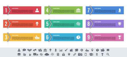 ilustración de vector de concepto de negocio de diseño infográfico con 9 pasos u opciones o procesos representan flujo de trabajo o diagrama o banner de botón web