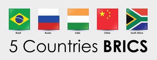 BRICS flags of 5 countries. Simple square flags design. National flags icon set. Vector illustration on gray background