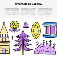 plantilla de artículo con espacio para texto e íconos de karelia de color garabato que incluyen arándano, río, colinas, trucha, oso aislado en fondo blanco. vector