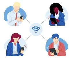 persona de negocios que trabaja en trabajo remoto usando wifi en material de ilustración de vector de fondo blanco aislado