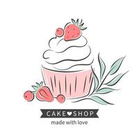 Cake and bread shop. Cupcake and berries. Vector illustration for logo, menu, recipe book, baking shop, cafe, restaurant.