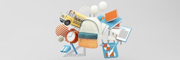 Back to school with school supplies and equipment. School bus with school accessories and books on pastel color orange and blue tone background realistic cartoon. 3D Rendering, widescreen photo