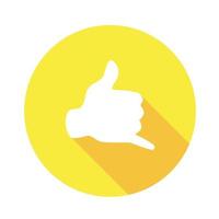 Vector flat icon Call up. Sign with hand. Communication symbol. White hand with gesture on yellow round background isolated on white. Web button. Mood sticker