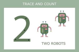 Numbers for kids. Worksheet for kindergarten and preschool. Training to write and count numbers with funny  robots vector