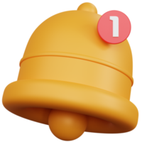 Representación 3d campana amarilla con icono de notificación rojo y número uno aislado png