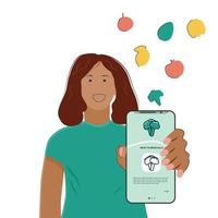 a woman shows an application about healthy nutrition on the phone screen vector