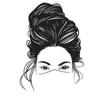 Beauty Woman In Messy Bun, Messy Bun Hair Illustration, Line Art, Silhouette, For T-Shirt Design, Mug, Tote Bag, Etc. vector