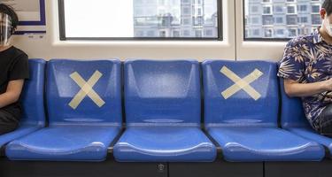 Seat on public in public sky train with signs social distancing protect for one seat keep distance to protective spreading for COVID-19 or Coronavirus , Social distancing concept photo