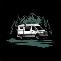 illustration of RV motor home with mountain and pines in black background