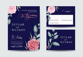 elegante tarjeta de invitación de boda con follaje de rosas de acuarela azul marino y plantillas de rsvp vector