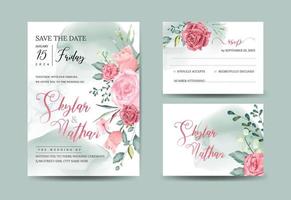 plantilla de invitación de boda tropical de acuarela y rosa polvorienta y conjunto de rsvp vector