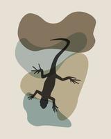 ilustración vectorial de silueta de lagarto dibujada a mano sobre fondo de piedras de puntos abstractos, color tierra, afiche de diseño minimalista boho, tarjeta vector