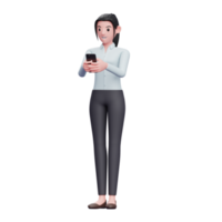 mujer de negocios escribiendo un mensaje en el teléfono inteligente, render 3d ilustración de personaje de mujer de negocios png