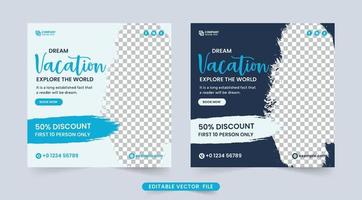 Travel agency social media banner for business promotion. Touring business poster design for advertisement. Vacation planner organization brochure template. Travel discount offers banner design. vector