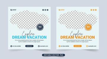 Vacation planner business flyer template. Tour and travel social media post design with yellow and blue text. Travel agency promotion banner template vector. Touring agency discount offer brochure. vector