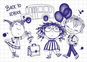 Cute kids schoolchildren with balloons and briefcase go to school. Back to school. School bus. Drawing with a pen on a sheet of a notebook. Vector