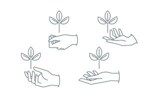 Sustainable ecologic environment concept. Hand holding plant. Linear vector illustration.