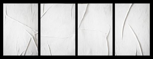 Set of blank white glued paper for poster texture overlay. Crumpled and wrinkled pattern for background. Collection of matted wet paper for mockup posters, flyer,  brochure, and banner design photo
