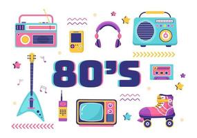 Ilustración de fondo de dibujos animados de fiesta de los años 80 con música retro, reproductor de casete de radio de 1980 y discoteca en diseño de estilo antiguo vector