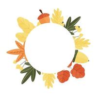 Autumn background for text with leaves, nuts, acorns, berries, seasonal elements. Square frame template. Vector illustration with botanical elements