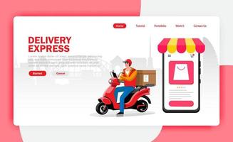 Landing Page Online delivery service , online order tracking, delivery home and office. Scooter delivery. Shipping. Vector illustration