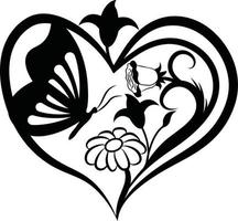 Retro floral heart Butterfly doodle elements. vector