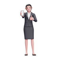 Business woman in formal suit give thumbs up and showing phone screen, 3d render character illustration png