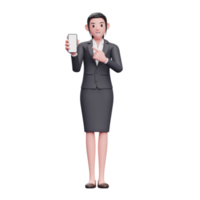 femme d'affaires en costume formel pointant vers l'écran du téléphone, illustration de caractère de rendu 3d png