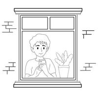 The guy looks out the window. Black and white lines. vector