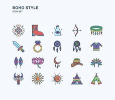 Boho and tribal style linear coloured icon set vector