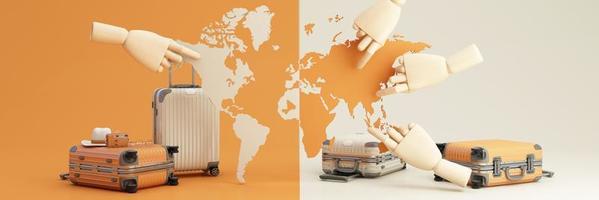 Travel and adventure and departure concept In summer, surrounded by luggage, camera, sunglasses, hat with scooter car and airplane and world map. pastel tones on web banner form. cartoon -3d render photo