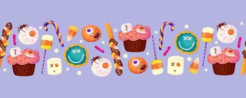 Halloween border with sweet dessert eyeball, cake and lollipop. Autumn vector background. Vector cartoon design. Halloween sweet, round cookie, spooky cake.