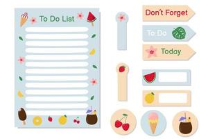 Collection of stickers and To Do List with cute summer objects. Colorful ice cream, fruit and berries. Elements for agenda, check lists, planner, organizer and other stationery vector