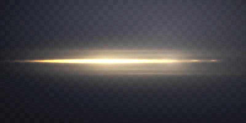 Gold horizontal lens flare. Sun flash with rays or gold spotlight and bokeh. Yellow glow flare light effect. Vector illustration.