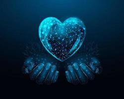 Two human hands are holds heart. Wireframe glowing low poly heart. Design on dark blue background. Abstract futuristic vector illustration.