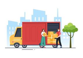 ilustración de dibujos animados de transporte de camiones con servicios de entrega de carga o caja de cartón enviada al consumidor en un diseño de estilo plano vector