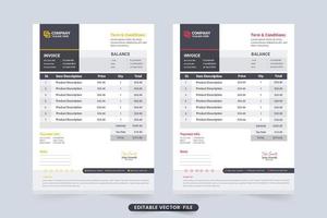 factura de compra digital y diseño de recibo de efectivo con tonos oscuros. vector de plantilla de factura para negocios y tiendas. plantilla de recibo de pago con colores rojo y amarillo. factura de factura de papelería comercial.