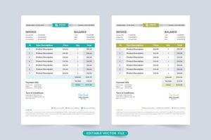 Minimal invoice template vector for business bill calculation. Payment agreement and invoice bill template with dark cyan and yellow color. Product buy and sell price receipt design with product info.