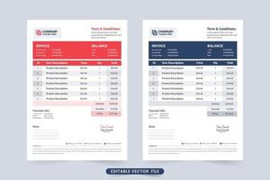 diseño de plantilla de factura creativa para información de pago. papelería comercial y vector de factura con color rojo y azul oscuro. plantilla de factura y diseño de recibo de efectivo con sección de información comercial.