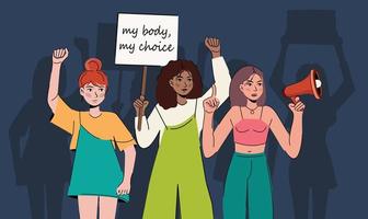 las mujeres protestan contra los activistas proabortistas que sostienen carteles mi cuerpo es mi elección, mantener el aborto legal, el aborto es atención médica personas con pancartas que apoyan el derecho al aborto en el vector de demostración de protesta plano
