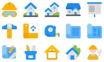 conjunto de iconos vectoriales relacionados con la arquitectura. contiene íconos como casco, casa, plano de la casa, medida, prototipo, trabajador y más. vector